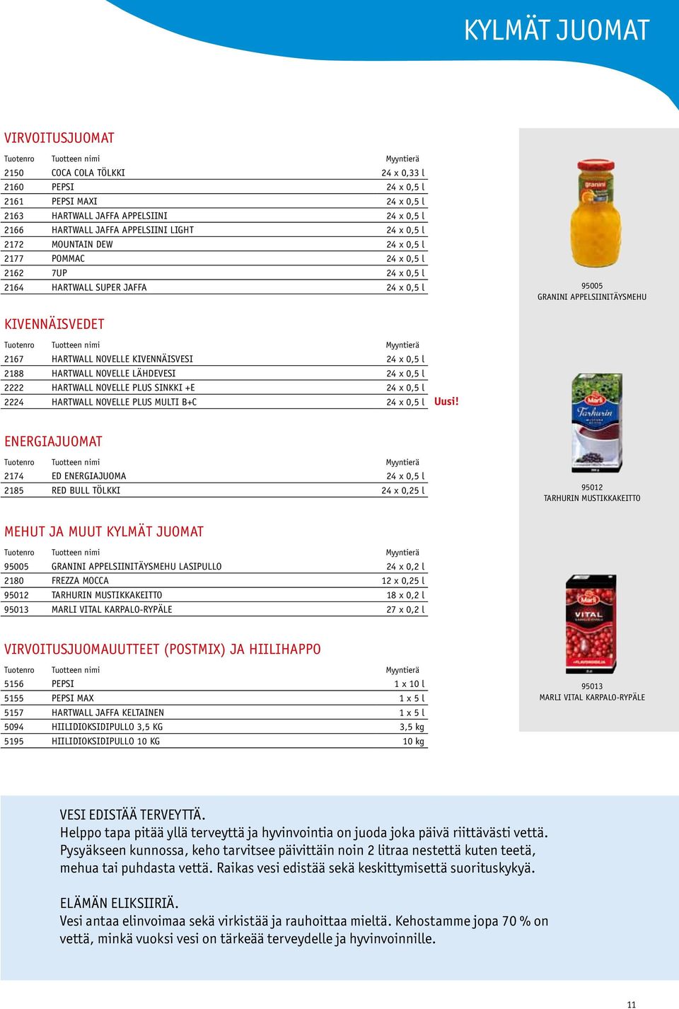24 x 0,5 l 2188 Hartwall Novelle Lähdevesi 24 x 0,5 l 2222 Hartwall Novelle Plus Sinkki +E 24 x 0,5 l 2224 Hartwall Novelle Plus Multi B+C 24 x 0,5 l Energiajuomat 2174 ED Energiajuoma 24 x 0,5 l