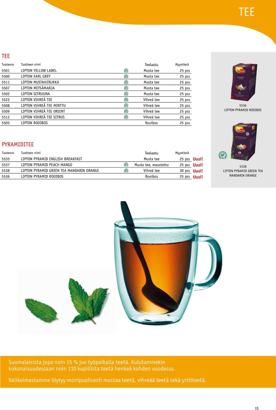 Lipton Vihreä Tee Sitrus Vihreä tee 25 pss 5505 Lipton Rooibos Rooibos 25 pss 5536 Lipton Pyramid Rooibos PyramidITEE Tuotenro Tuotteen nimi Teelaatu Myyntierä 5535 Lipton Pyramid English Breakfast