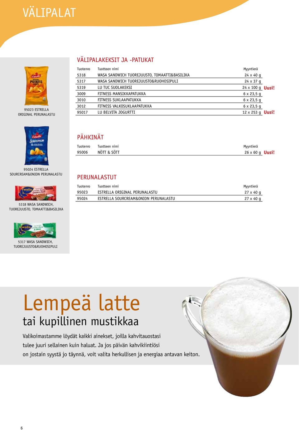 & Sött 26 x 60 g 95024 Estrella Sourcream&onion Perunalastu 5318 Wasa Sandwich, Tuorejuusto, tomaatti&basilika PERUNALASTUT 95023 Estrella Original Perunalastu 27 x 40 g 95024 Estrella