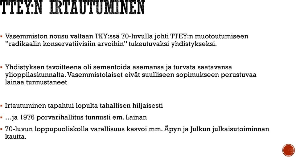 Vasemmistolaiset eivät suulliseen sopimukseen perustuvaa lainaa tunnustaneet Irtautuminen tapahtui lopulta tahallisen