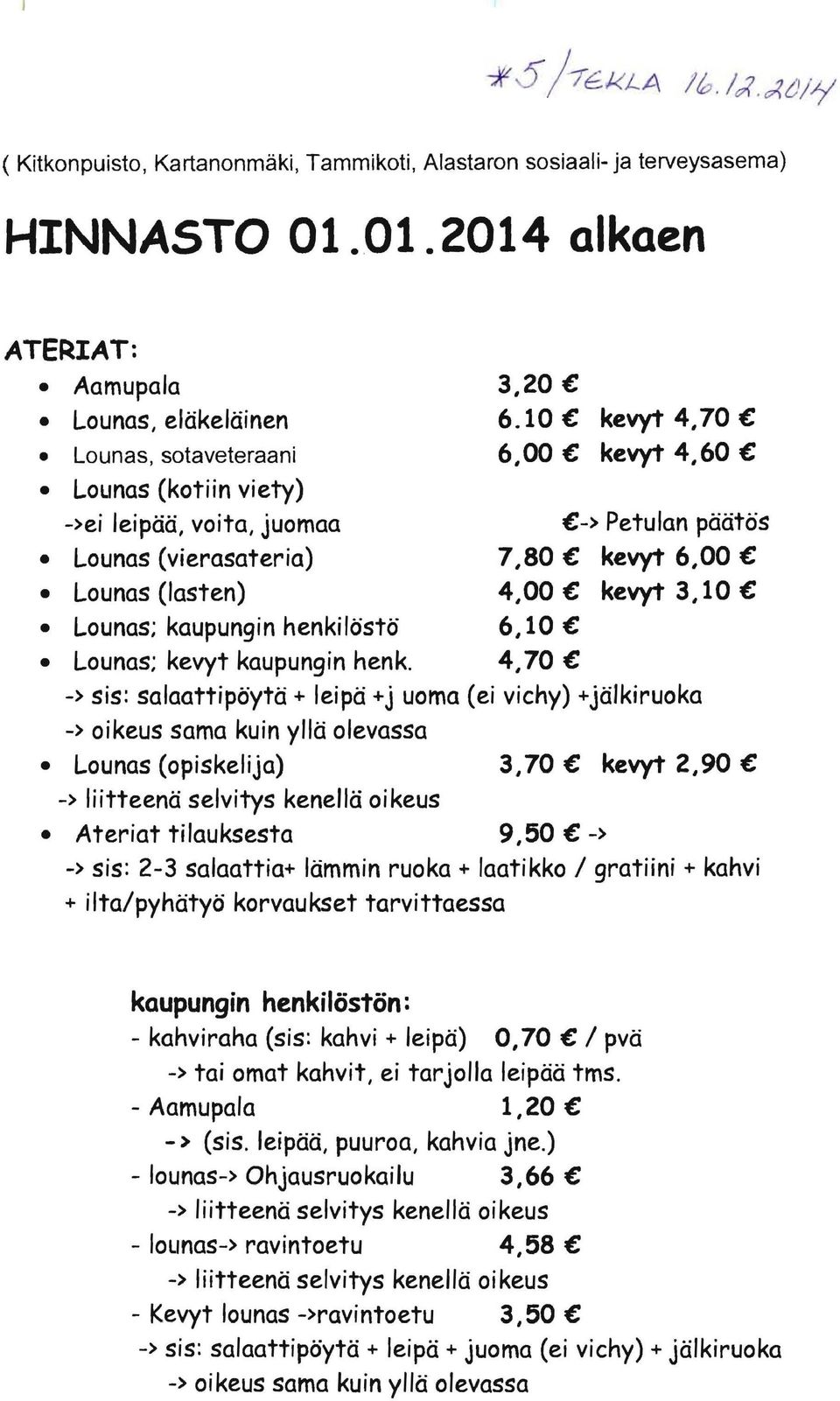 kaupungin henkilöstö 6,10 Lounas; kevyt kaupungin henk.