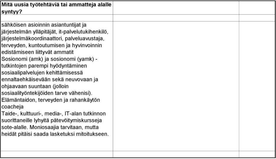 edistämiseen liittyvät ammatit Sosionomi (amk) ja sosionomi (yamk) - tutkintojen parempi hyödyntäminen sosiaalipalvelujen kehittämisessä ennaltaehkäisevään sekä neuvovaan