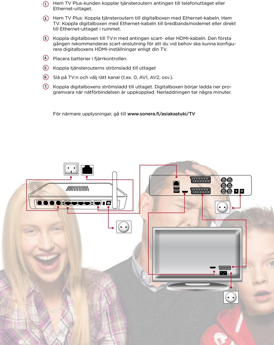 Den första gången rekommenderas scart-anslutning för att du vid behov ska kunna konfigurera digitalboxens HDMI-inställningar enligt din TV. Placera batterier i fjärrkontrollen.