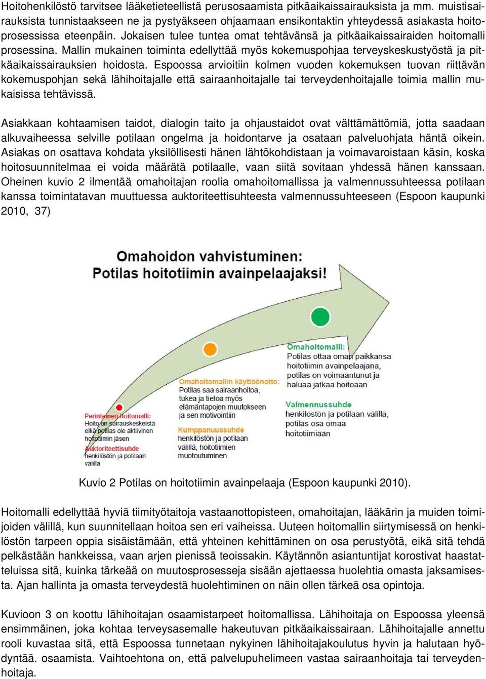 Jokaisen tulee tuntea omat tehtävänsä ja pitkäaikaissairaiden hoitomalli prosessina. Mallin mukainen toiminta edellyttää myös kokemuspohjaa terveyskeskustyöstä ja pitkäaikaissairauksien hoidosta.