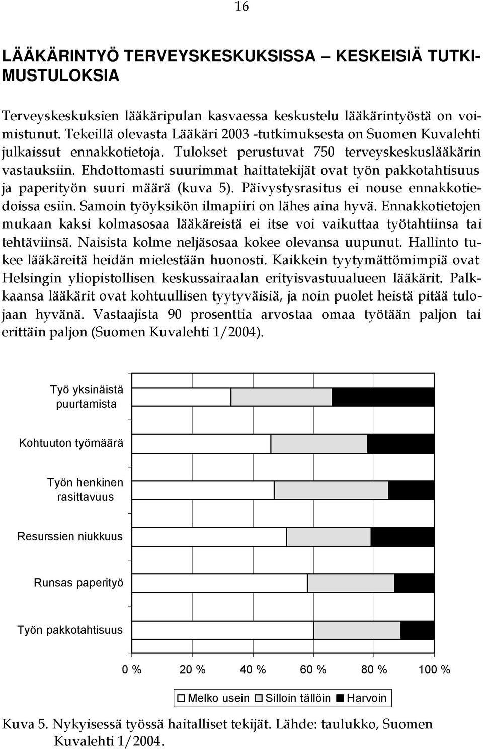 Ehdottomasti suurimmat haittatekijät ovat työn pakkotahtisuus ja paperityön suuri määrä (kuva 5). Päivystysrasitus ei nouse ennakkotiedoissa esiin. Samoin työyksikön ilmapiiri on lähes aina hyvä.