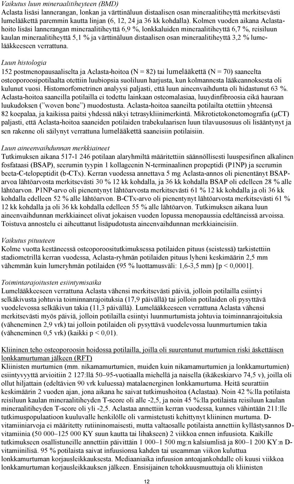 Kolmen vuoden aikana Aclastahoito lisäsi lannerangan mineraalitiheyttä 6,9 %, lonkkaluiden mineraalitiheyttä 6,7 %, reisiluun kaulan mineraalitiheyttä 5,1 % ja värttinäluun distaalisen osan