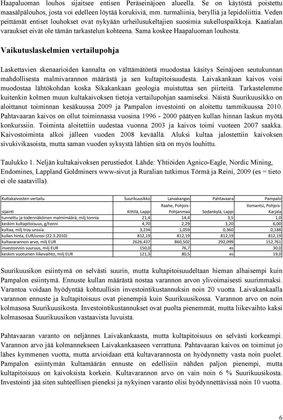 Vaikutuslaskelmien vertailupohja Laskettavien skenaarioiden kannalta on välttämätöntä muodostaa käsitys Seinäjoen seutukunnan mahdollisesta malmivarannon määrästä ja sen kultapitoisuudesta.