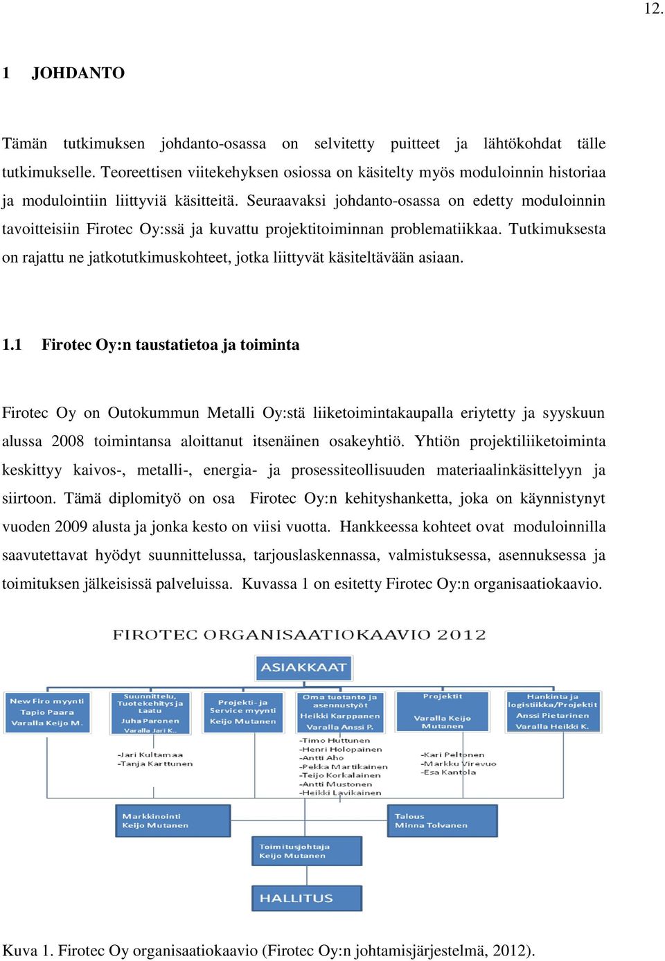 Seuraavaksi johdanto-osassa on edetty moduloinnin tavoitteisiin Firotec Oy:ssä ja kuvattu projektitoiminnan problematiikkaa.