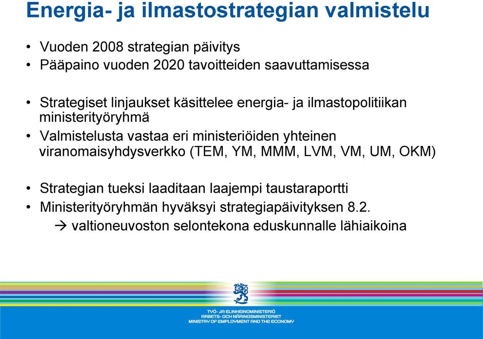 vastaa eri ministeriöiden yhteinen viranomaisyhdysverkko (TEM, YM, MMM, LVM, VM, UM, OKM) Strategian tueksi laaditaan