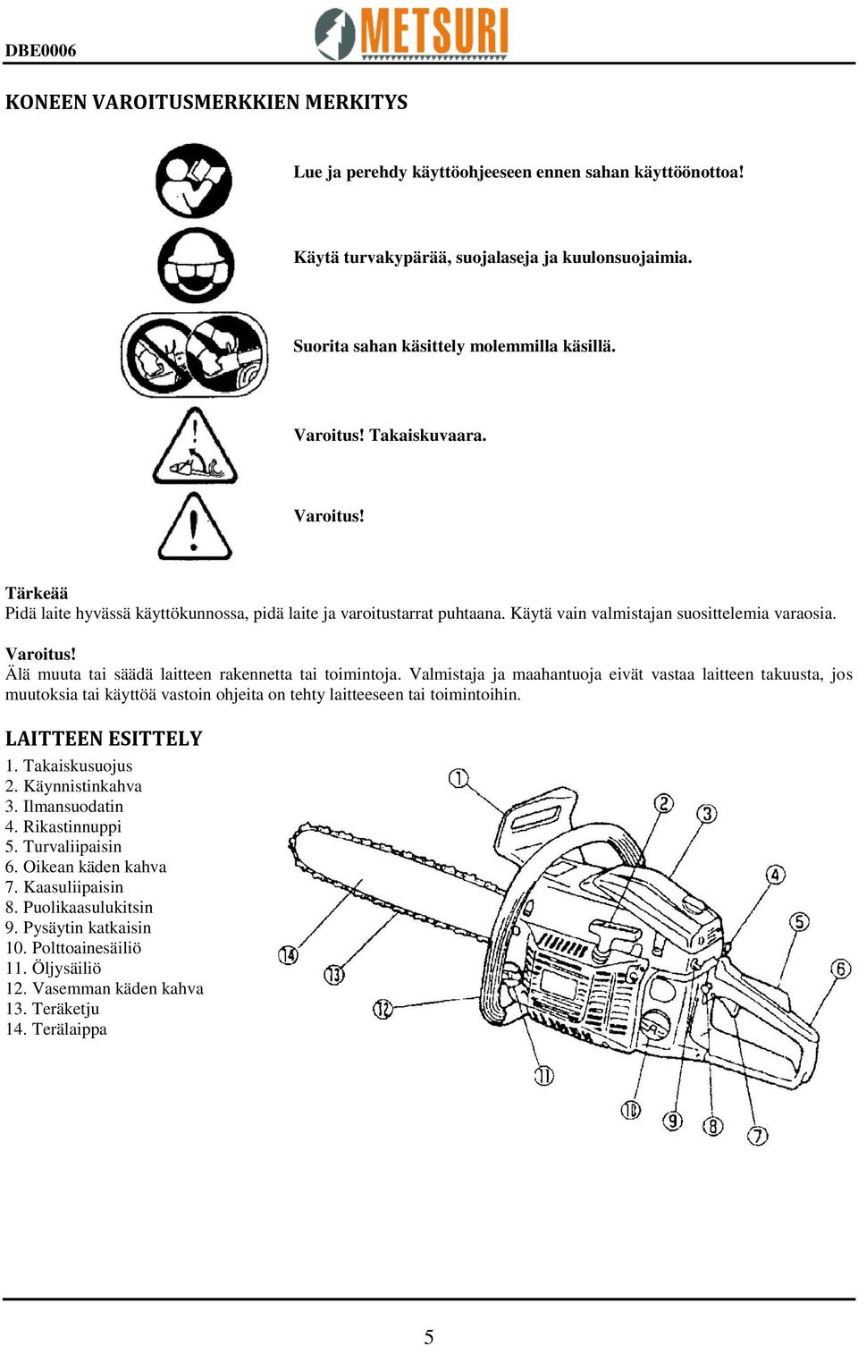 Valmistaja ja maahantuoja eivät vastaa laitteen takuusta, jos muutoksia tai käyttöä vastoin ohjeita on tehty laitteeseen tai toimintoihin. LAITTEEN ESITTELY 1. Takaiskusuojus 2. Käynnistinkahva 3.