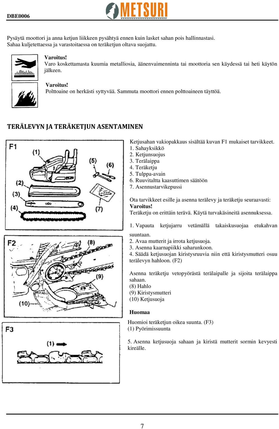 TERÄLEVYN JA TERÄKETJUN ASENTAMINEN Ketjusahan vakiopakkaus sisältää kuvan F1 mukaiset tarvikkeet. 1. Sahayksikkö 2. Ketjunsuojus 3. Terälaippa 4. Teräketju 5. Tulppa-avain 6.