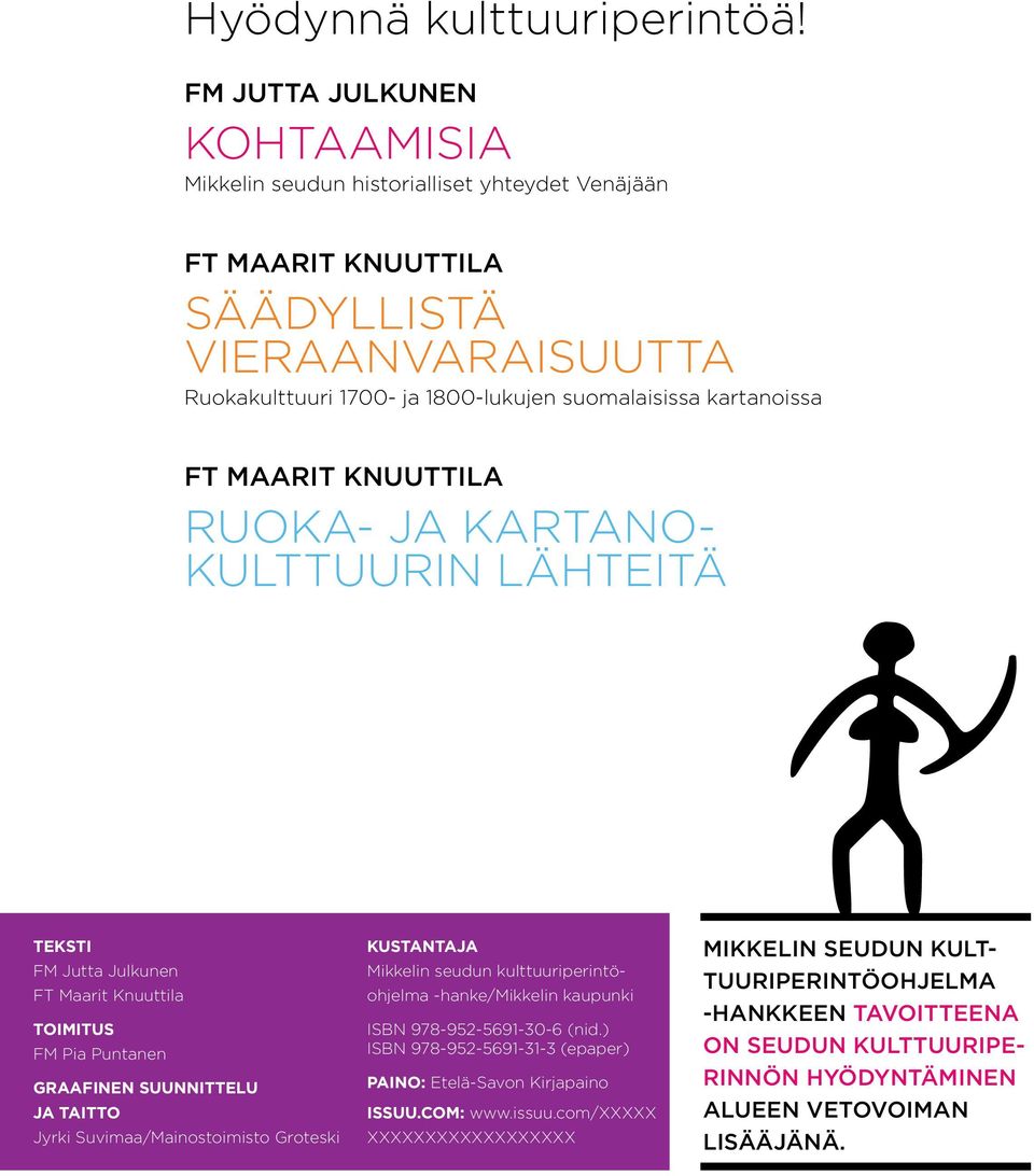 FT Maarit Knuuttila RUOKA- JA KARTANO- KULTTUURIN LÄHTEITÄ Teksti FM Jutta Julkunen FT Maarit Knuuttila Toimitus FM Pia Puntanen Graafinen suunnittelu ja taitto Jyrki Suvimaa/Mainostoimisto