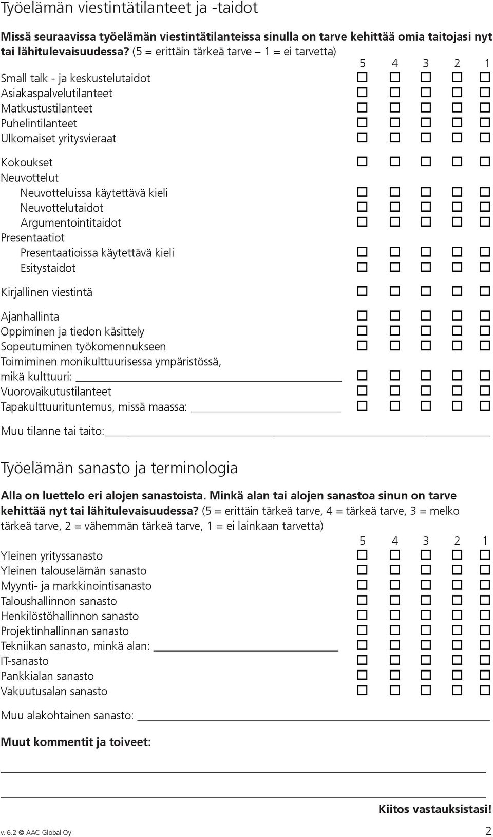 Neuvotteluissa käytettävä kieli Neuvottelutaidot Argumentointitaidot Presentaatiot Presentaatioissa käytettävä kieli Esitystaidot Kirjallinen viestintä Ajanhallinta Oppiminen ja tiedon käsittely