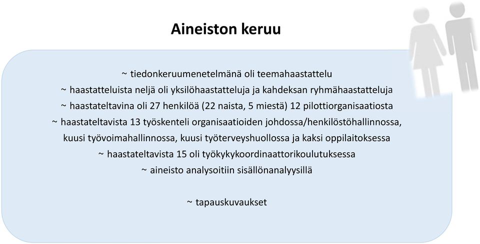 työskenteli organisaatioiden johdossa/henkilöstöhallinnossa, kuusi työvoimahallinnossa, kuusi työterveyshuollossa ja kaksi