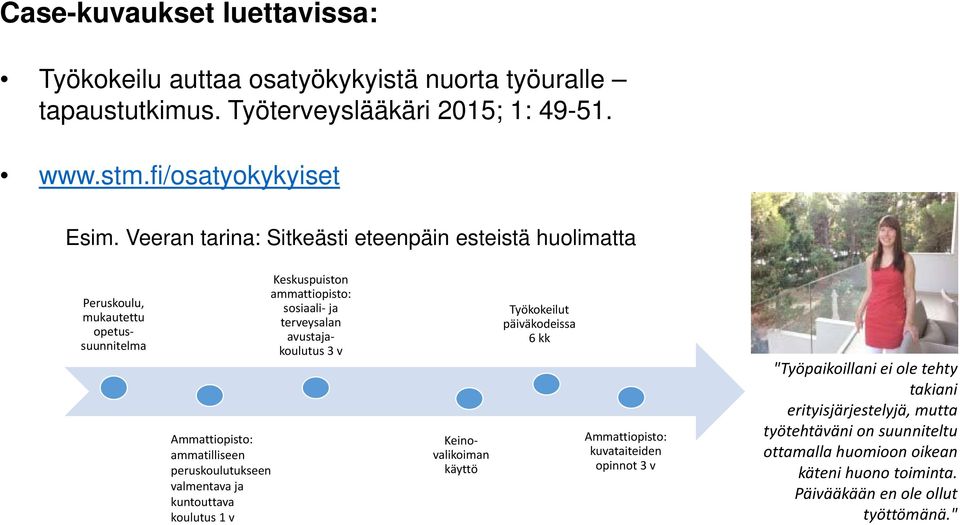 koulutus 1 v Keskuspuiston ammattiopisto: sosiaali ja terveysalan avustajakoulutus 3 v Keinovalikoiman käyttö Työkokeilut päiväkodeissa 6 kk Ammattiopisto: kuvataiteiden