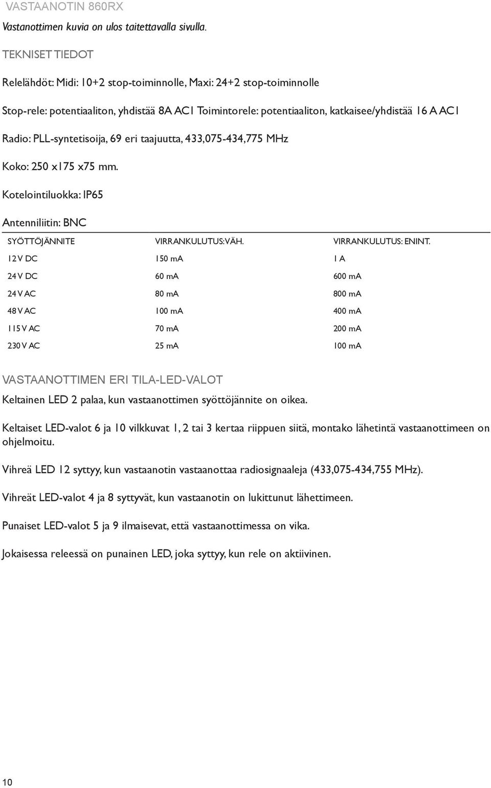 PLL-syntetisoija, 69 eri taajuutta, 433,075-434,775 MHz Koko: 250 x175 x75 mm. Kotelointiluokka: IP65 Antenniliitin: BNC SYÖTTÖJÄNNITE VIRRANKULUTUS: VÄH. VIRRANKULUTUS: ENINT.