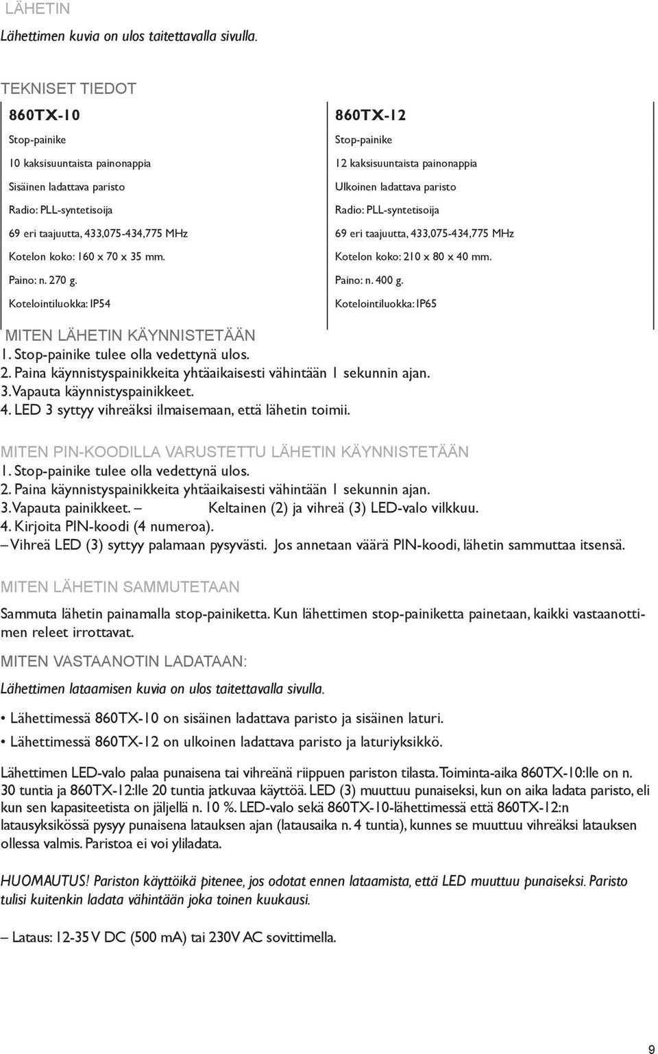 Radio: PLL-syntetisoija 69 eri taajuutta, 433,075-434,775 MHz 69 eri taajuutta, 433,075-434,775 MHz Kotelon koko: 160 x 70 x 35 mm. Paino: n. 270 g. Paino: n. 400 g.