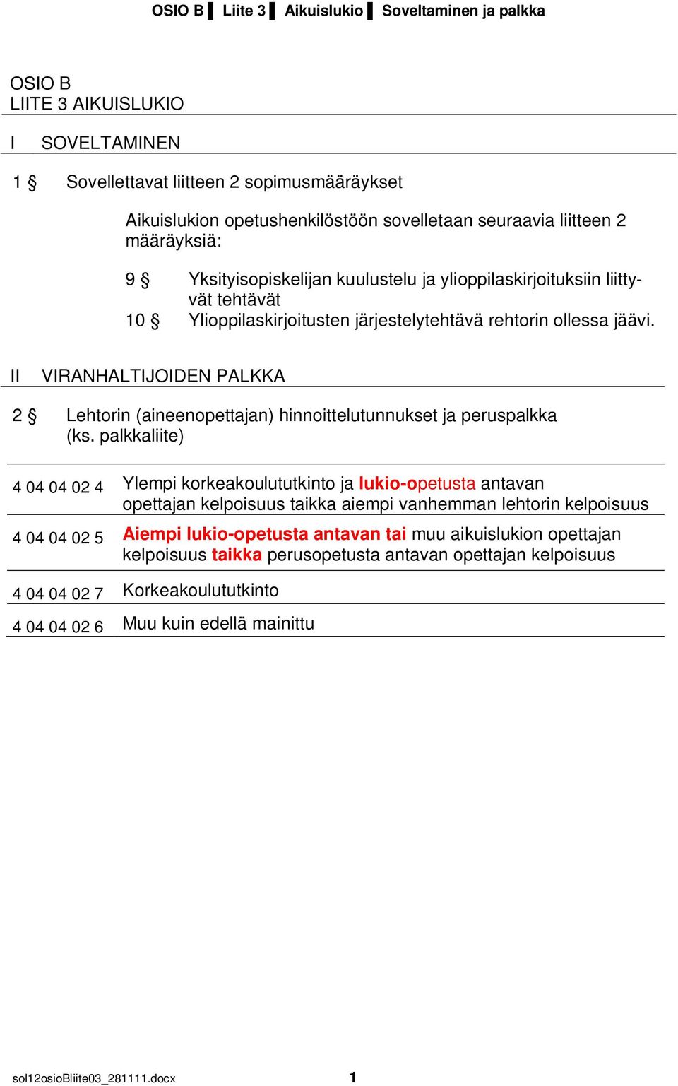 II VIRANHALTIJOIDEN PALKKA 2 Lehtorin (aineenopettajan) hinnoittelutunnukset ja peruspalkka (ks.