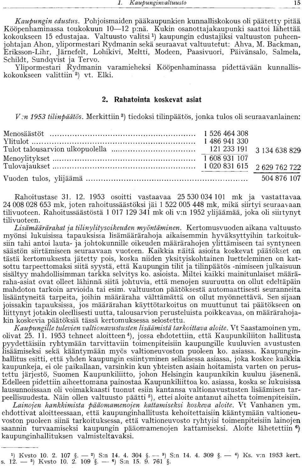 Valtuusto valitsi 1 ) kaupungin edustajiksi valtuuston puheenjohtajan Ahon, ylipormestari Rydmanin sekä seuraavat valtuutetut: Ahva, M.