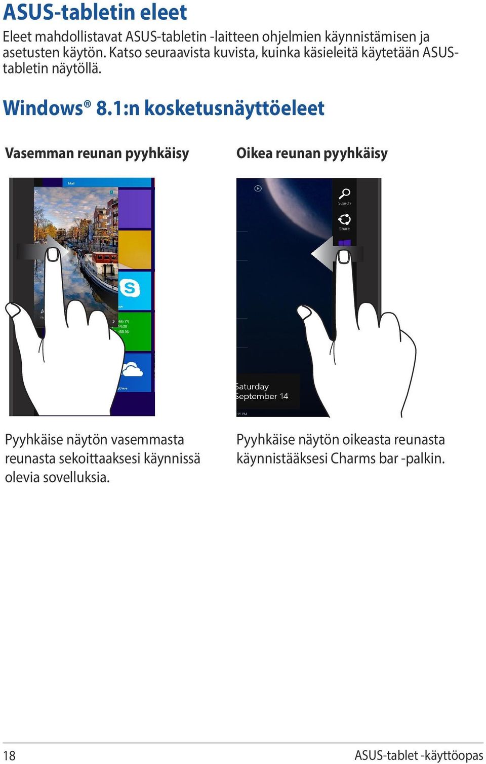 1:n kosketusnäyttöeleet Vasemman reunan pyyhkäisy Oikea reunan pyyhkäisy Pyyhkäise näytön vasemmasta reunasta