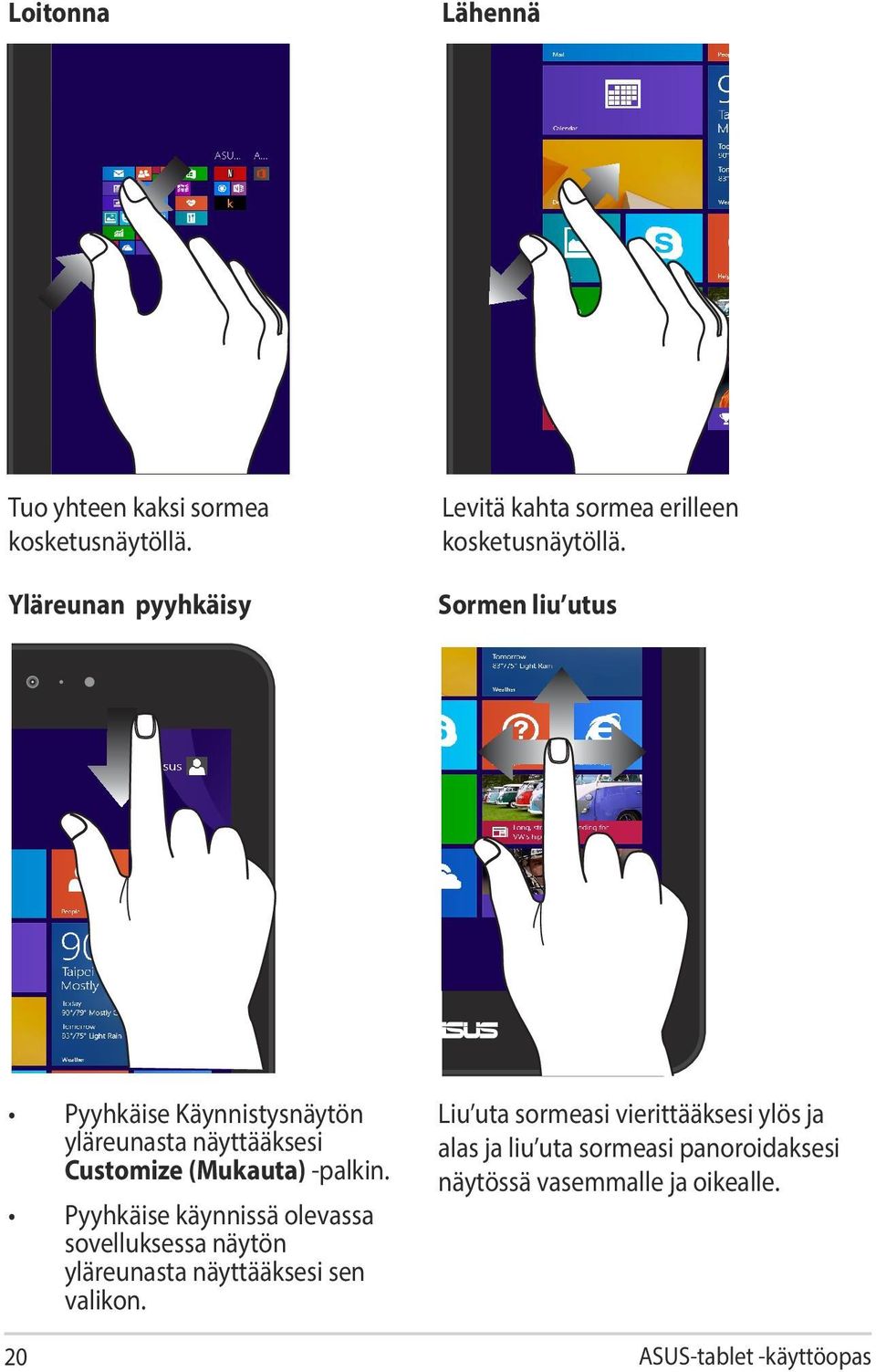 Sormen liu utus Pyyhkäise Käynnistysnäytön yläreunasta näyttääksesi Customize (Mukauta) -palkin.