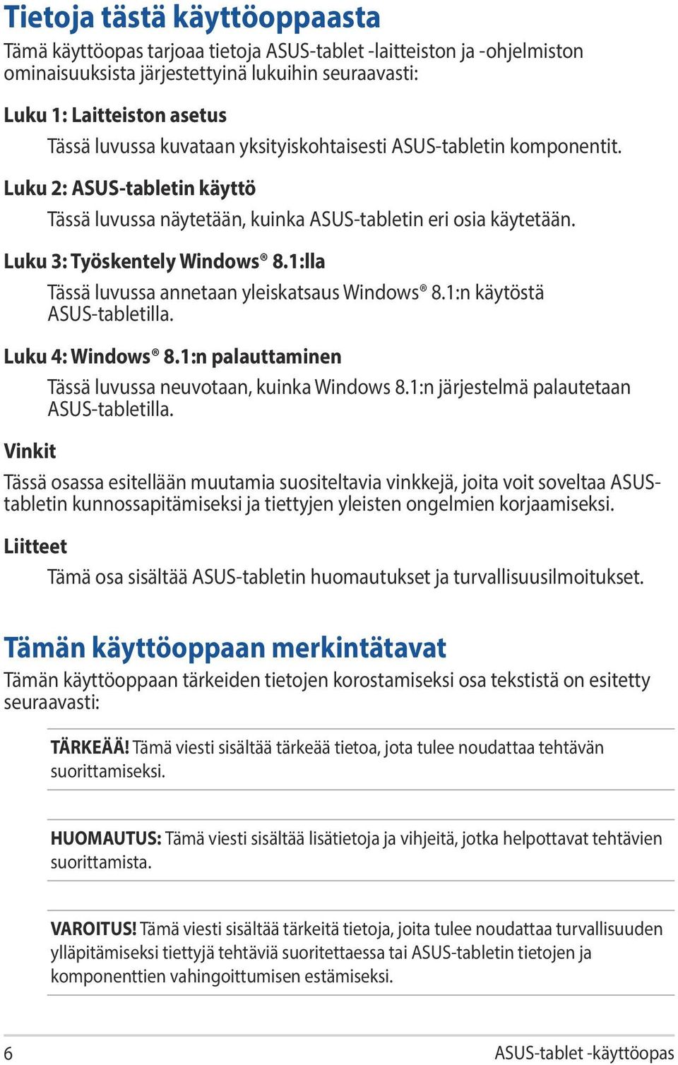 1:lla Tässä luvussa annetaan yleiskatsaus Windows 8.1:n käytöstä ASUS-tabletilla. Luku 4: Windows 8.1:n palauttaminen Tässä luvussa neuvotaan, kuinka Windows 8.