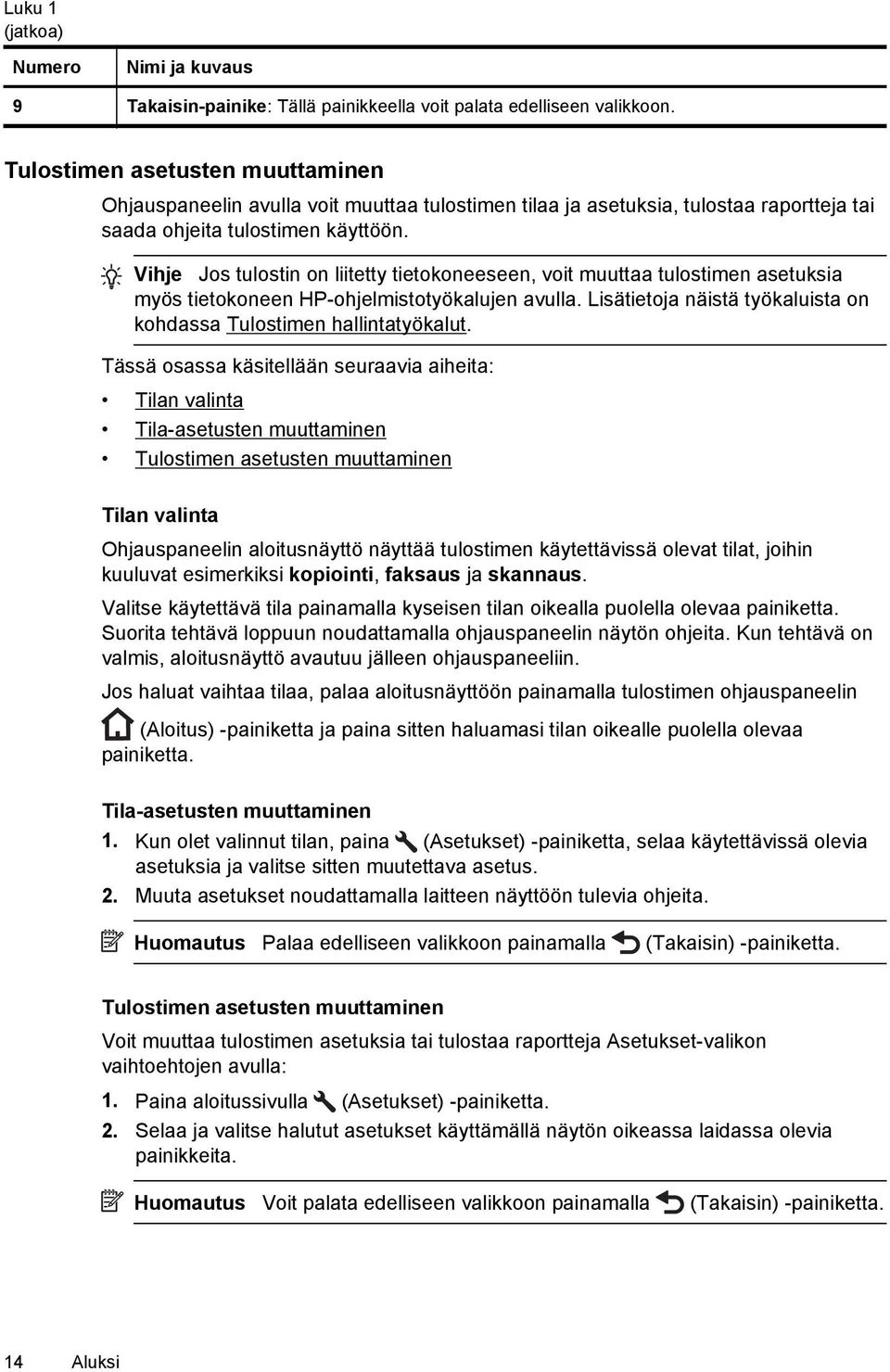 Vihje Jos tulostin on liitetty tietokoneeseen, voit muuttaa tulostimen asetuksia myös tietokoneen HP-ohjelmistotyökalujen avulla.