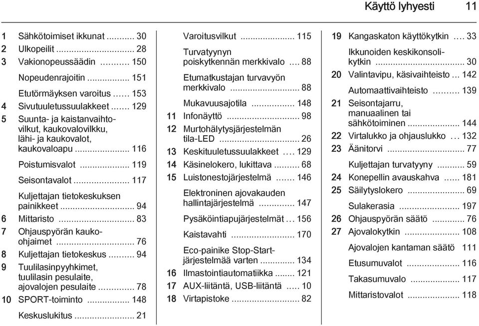 .. 83 7 Ohjauspyörän kaukoohjaimet... 76 8 Kuljettajan tietokeskus... 94 9 Tuulilasinpyyhkimet, tuulilasin pesulaite, ajovalojen pesulaite... 78 10 SPORT-toiminto... 148 Keskuslukitus.