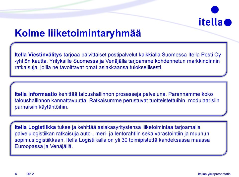 Itella Informaatio kehittää taloushallinnon prosesseja palveluna. Parannamme koko taloushallinnon kannattavuutta. Ratkaisumme perustuvat tuotteistettuihin, modulaarisiin parhaisiin käytäntöihin.