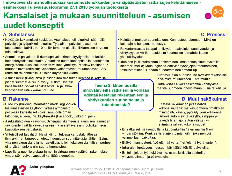 Asuminen palveluna, liikkumispalvelu, kimppakyytiyhteisö, tekniikka helppokäyttöiseksi, huolto. Asumisen uudet konseptit: elinkaariajattelu, energiatehokkuus, sukupolvien välinen yhteistyö.