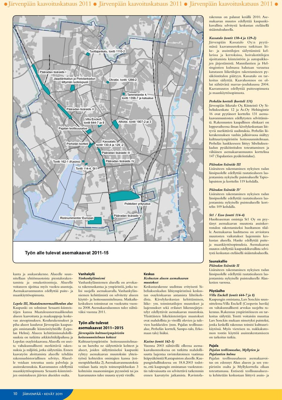 Pääradan lisäraide I Jäppilänkadun ja Pietolankadun liittymän luoteispuoli Pääradan lisäraide II Pajalan teollisuusalue Perhelän kortteli Tontti 162-1 (Kasino) Tuottajankatu, tontti 1110-2 Villa