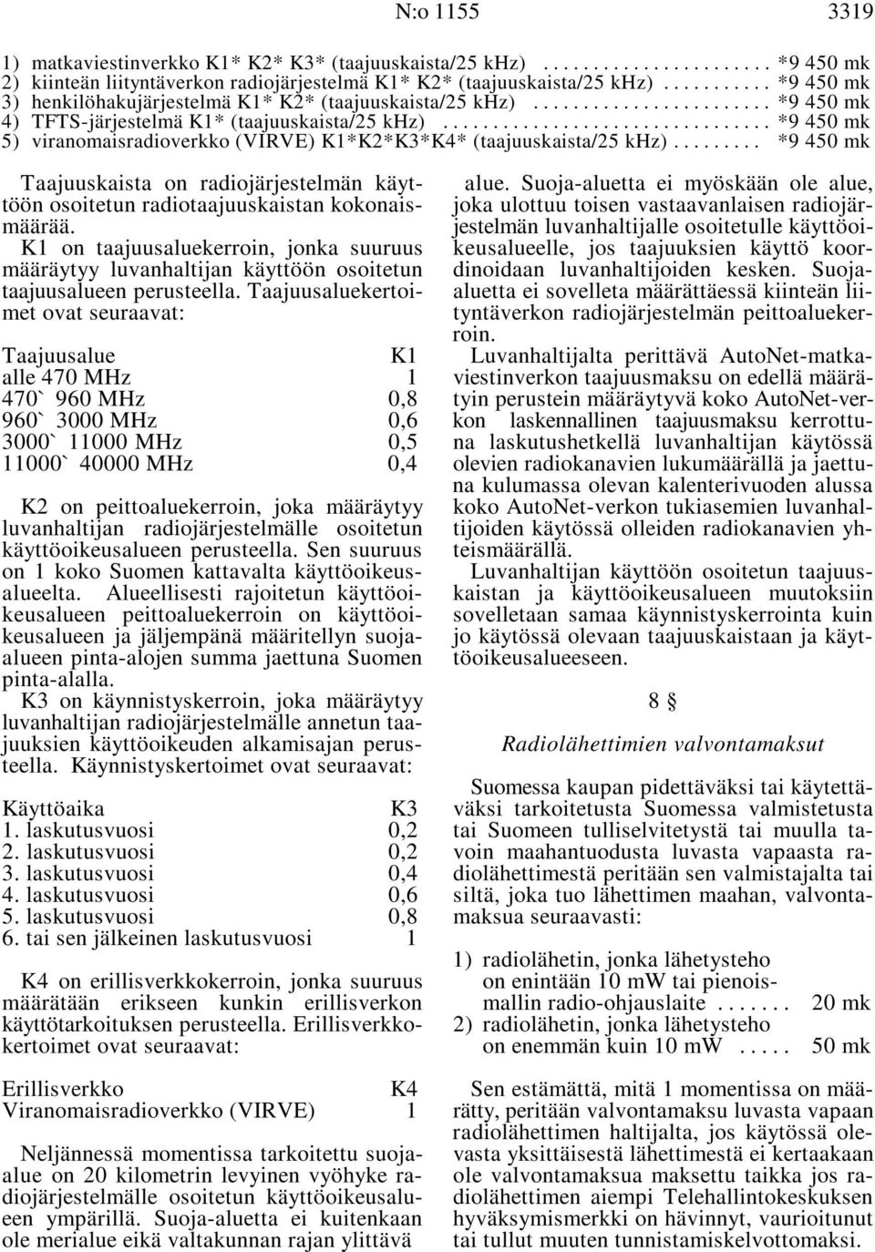 .. *9 450 mk 5) viranomaisradioverkko (VIRVE) K1*K2*K3*K4* (taajuuskaista/25 khz)... *9 450 mk Taajuuskaista on radiojärjestelmän käyt- alue.