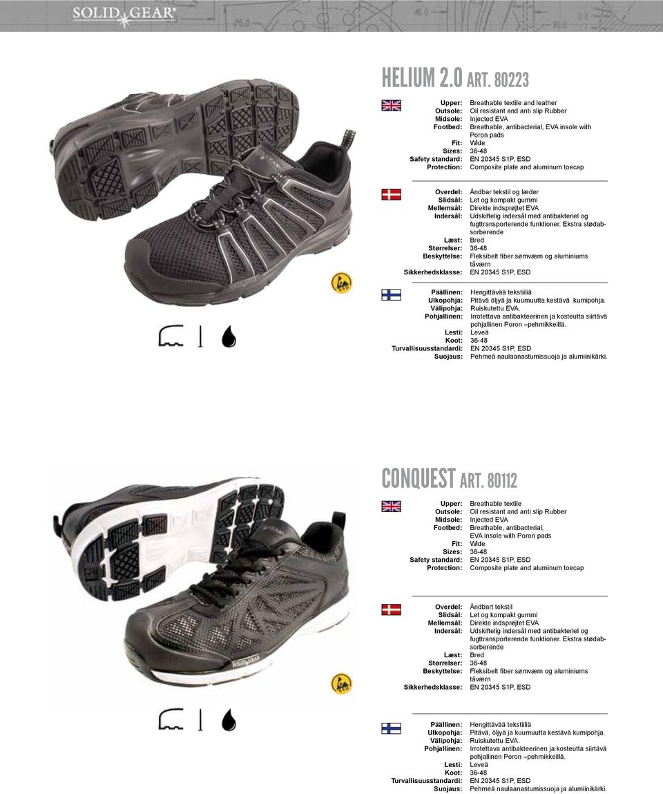 with Poron pads Wide EN 20345 S1P, ESD Composite plate and aluminum toecap Overdel: Slidsål: Mellemsål: Indersål: Læst: Størrelser: Beskyttelse: Sikkerhedsklasse: Päällinen: Ulkopohja: Välipohja: