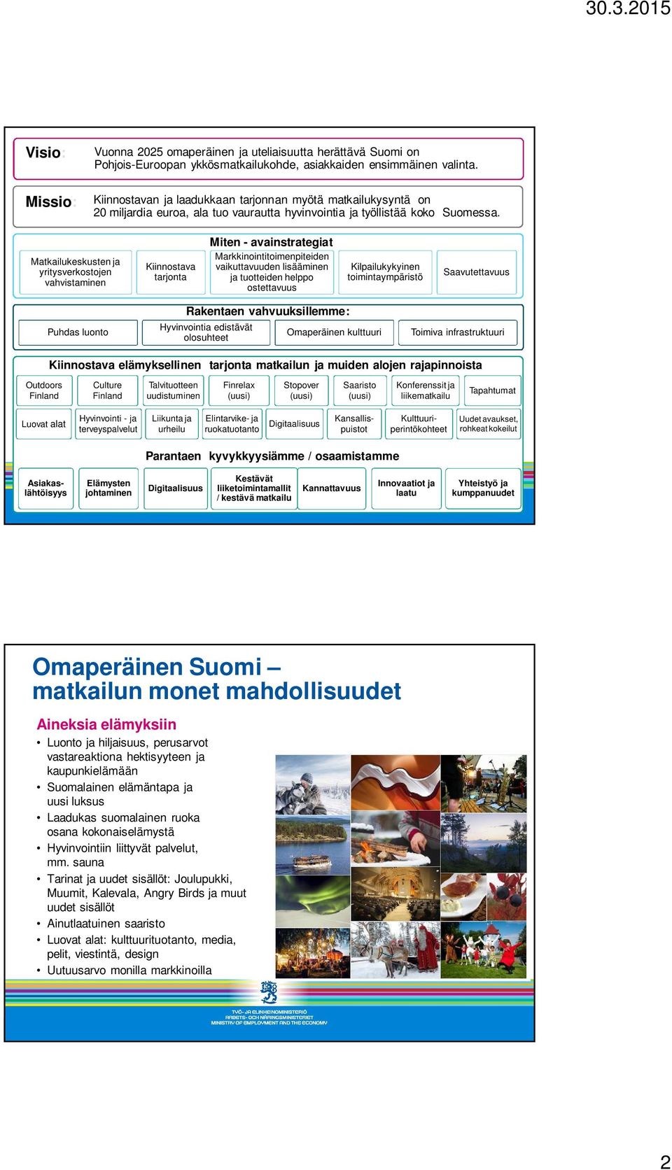 Matkailukeskusten ja yritysverkostojen vahvistaminen Kiinnostava tarjonta Miten - avainstrategiat Markkinointitoimenpiteiden vaikuttavuuden lisääminen ja tuotteiden helppo ostettavuus