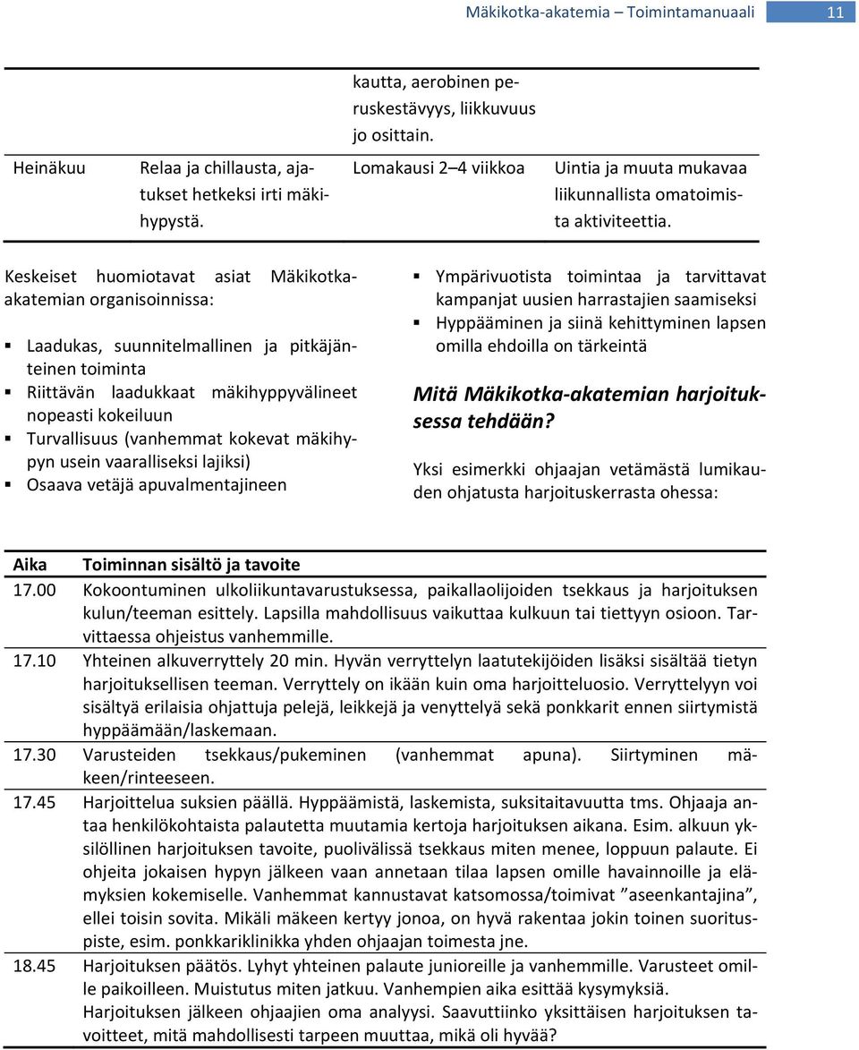 Keskeiset huomiotavat asiat Mäkikotkaakatemian organisoinnissa: Laadukas, suunnitelmallinen ja pitkäjänteinen toiminta Riittävän laadukkaat mäkihyppyvälineet nopeasti kokeiluun Turvallisuus