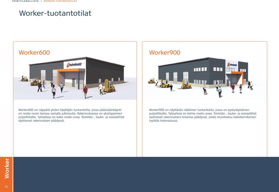 Toimisto-, tauko- ja sosiaalitilat sijaitsevat rakennuksen päädyssä. Worker900 on näyttävän näköinen tuotantotila, jossa on pystyräystäinen pulpettikatto.