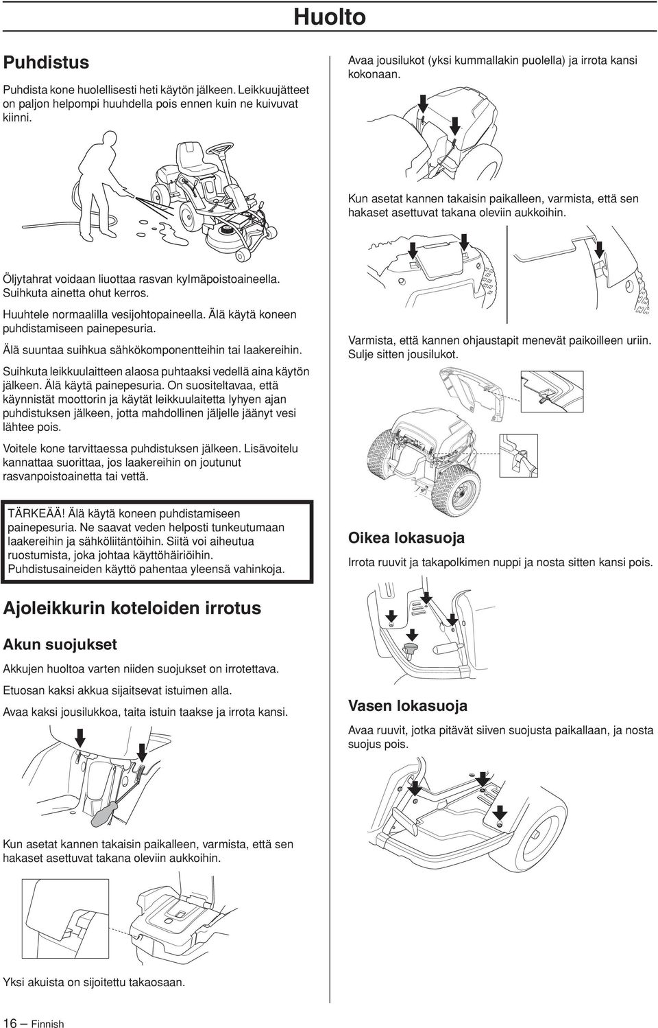 Öljytahrat voidaan liuottaa rasvan kylmäpoistoaineella. Suihkuta ainetta ohut kerros. Huuhtele normaalilla vesijohtopaineella. Älä käytä koneen puhdistamiseen painepesuria.