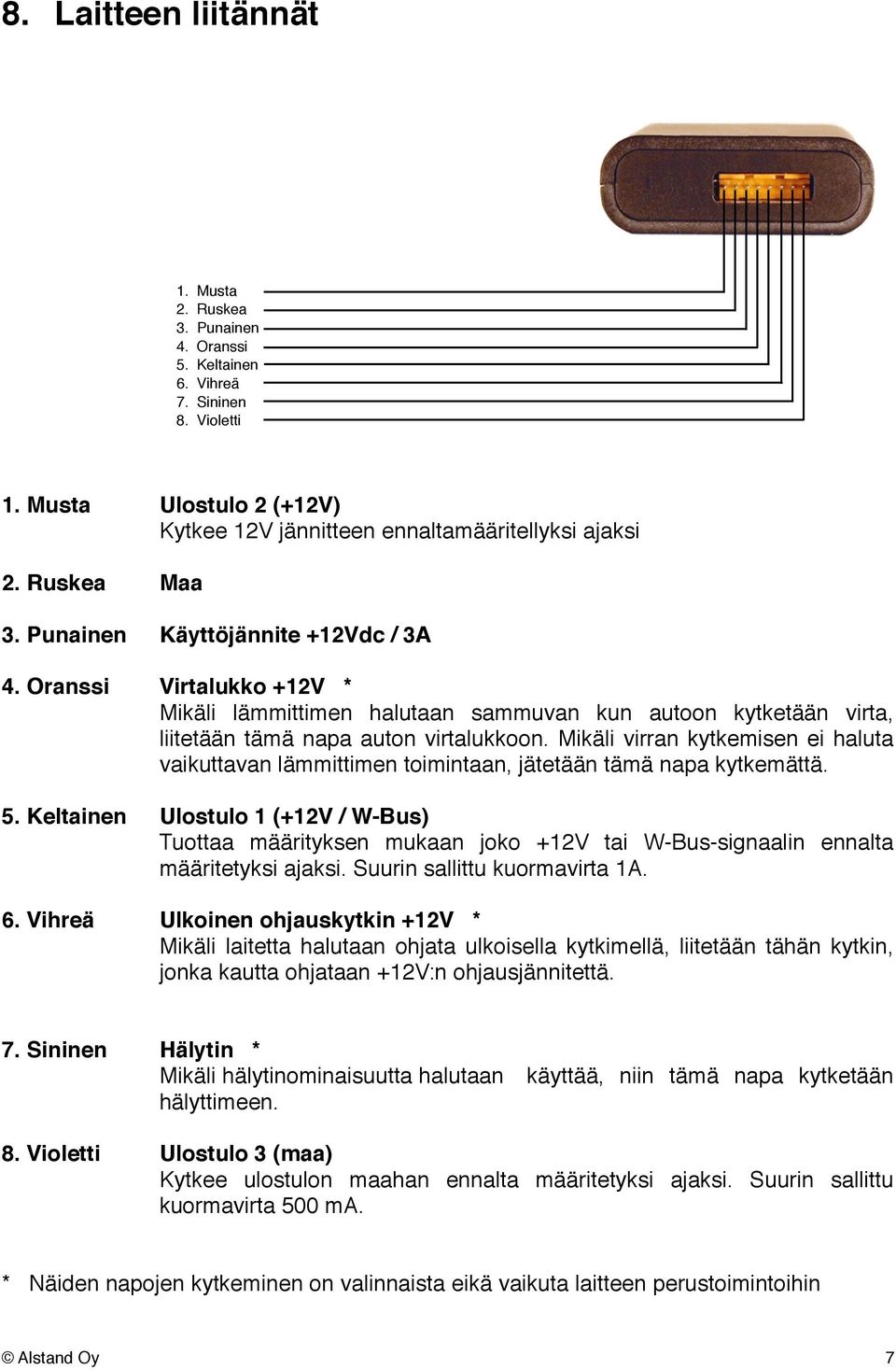 Mikäli virran kytkemisen ei haluta! vaikuttavan lämmittimen toimintaan, jätetään tämä napa kytkemättä. 5. Keltainen! Ulostulo 1 (+12V / W-Bus)!