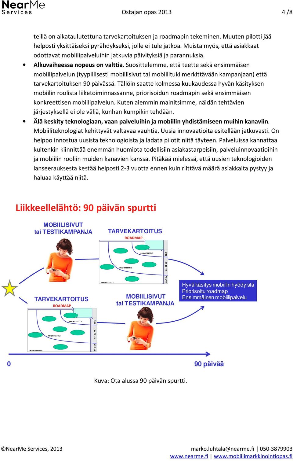 . Suosittelemme, että teette sekä ensimmäisen mobiilipalvelun ipalvelun (tyypillisesti mobiilisivut tai mobiilituki merkittävään kampanjaan) että tarvekartoituksen 90 päivässä.