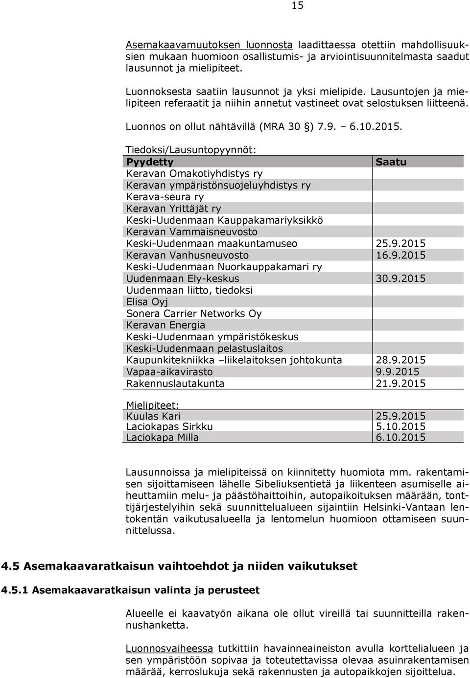 Tiedoksi/Lausuntopyynnöt: Pyydetty Saatu Keravan Omakotiyhdistys ry Keravan ympäristönsuojeluyhdistys ry Kerava-seura ry Keravan Yrittäjät ry Keski-Uudenmaan Kauppakamariyksikkö Keravan