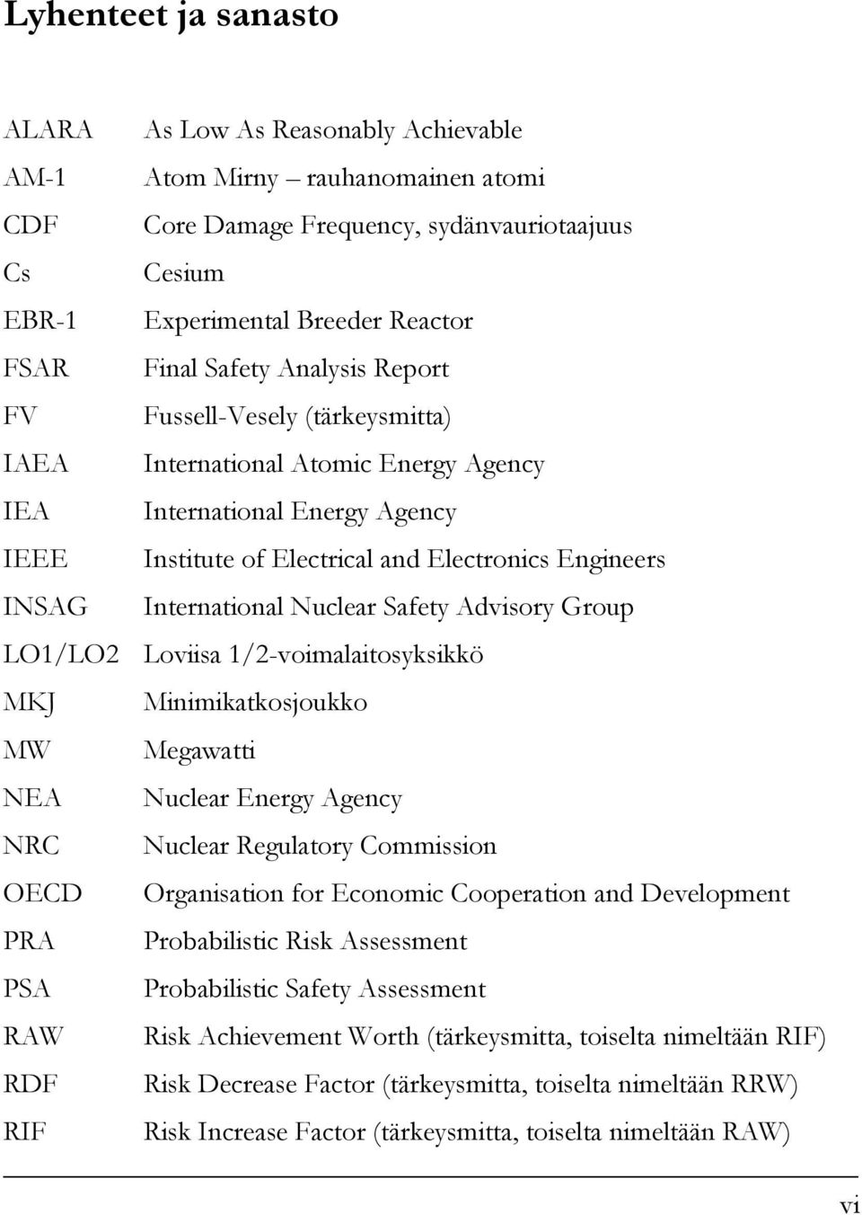 International Nuclear Safety Advisory Group LO1/LO2 Loviisa 1/2-voimalaitosyksikkö MKJ MW NEA NRC OECD PRA PSA RAW RDF Minimikatkosjoukko Megawatti Nuclear Energy Agency Nuclear Regulatory Commission