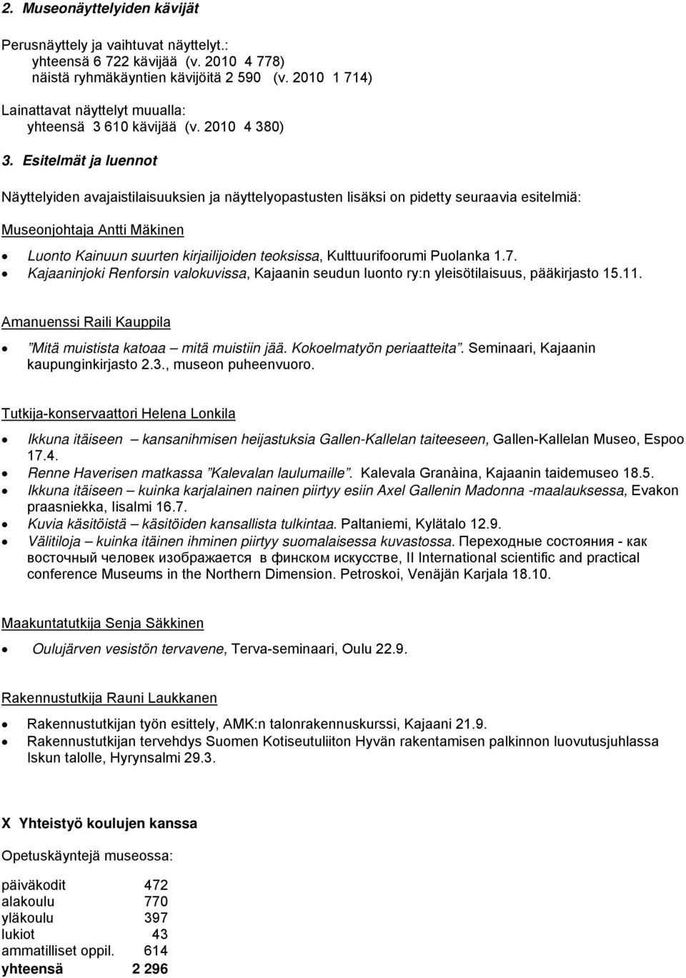 Esitelmät ja luennot Näyttelyiden avajaistilaisuuksien ja näyttelyopastusten lisäksi on pidetty seuraavia esitelmiä: Museonjohtaja Antti Mäkinen Luonto Kainuun suurten kirjailijoiden teoksissa,