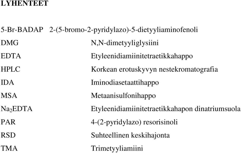 nestekromatografia IDA Iminodiasetaattihappo MSA Metaanisulfonihappo Na 2 EDTA