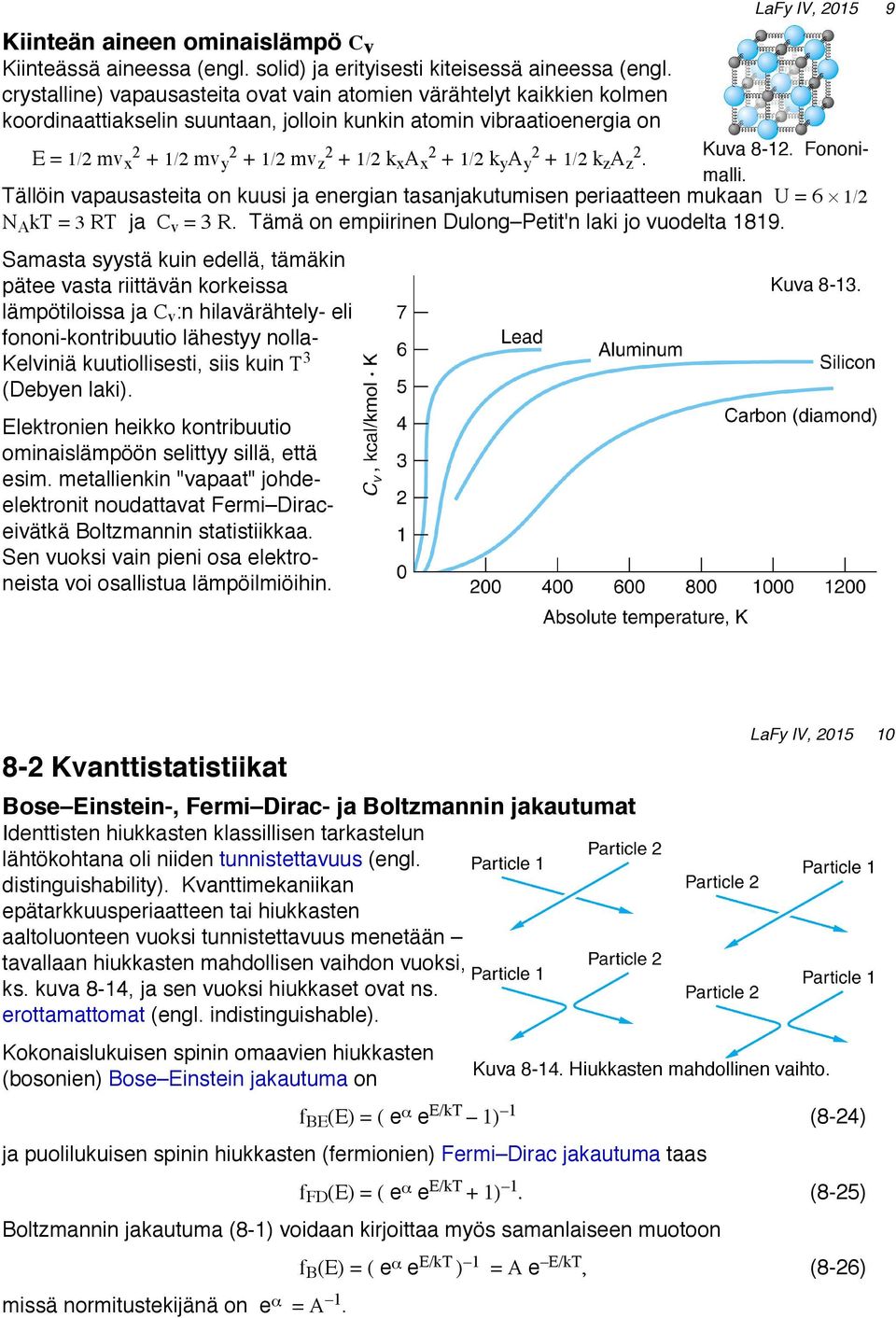 x + 1/2 k y A 2 y + 1/2 k z A 2 Kuva 8-12. Fononimalli. z. Tällöin vapausasteita on kuusi ja energian tasanjakutumisen periaatteen mukaan U = 6 1/2 N A kt = 3 RT ja C v = 3 R.