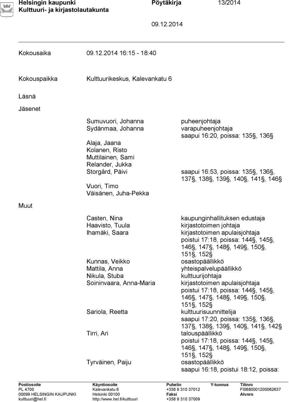 Casten, Nina Haavisto, Tuula Ihamäki, Saara Kunnas, Veikko Mattila, Anna Nikula, Stuba Soininvaara, Anna-Maria Sariola, Reetta Tirri, Ari Tyrväinen, Paiju kaupunginhallituksen edustaja kirjastotoimen