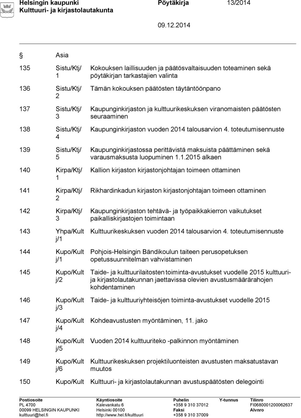 valinta Tämän kokouksen päätösten täytäntöönpano Kaupunginkirjaston ja kulttuurikeskuksen viranomaisten päätösten seuraaminen Kaupunginkirjaston vuoden 2014 talousarvion 4.