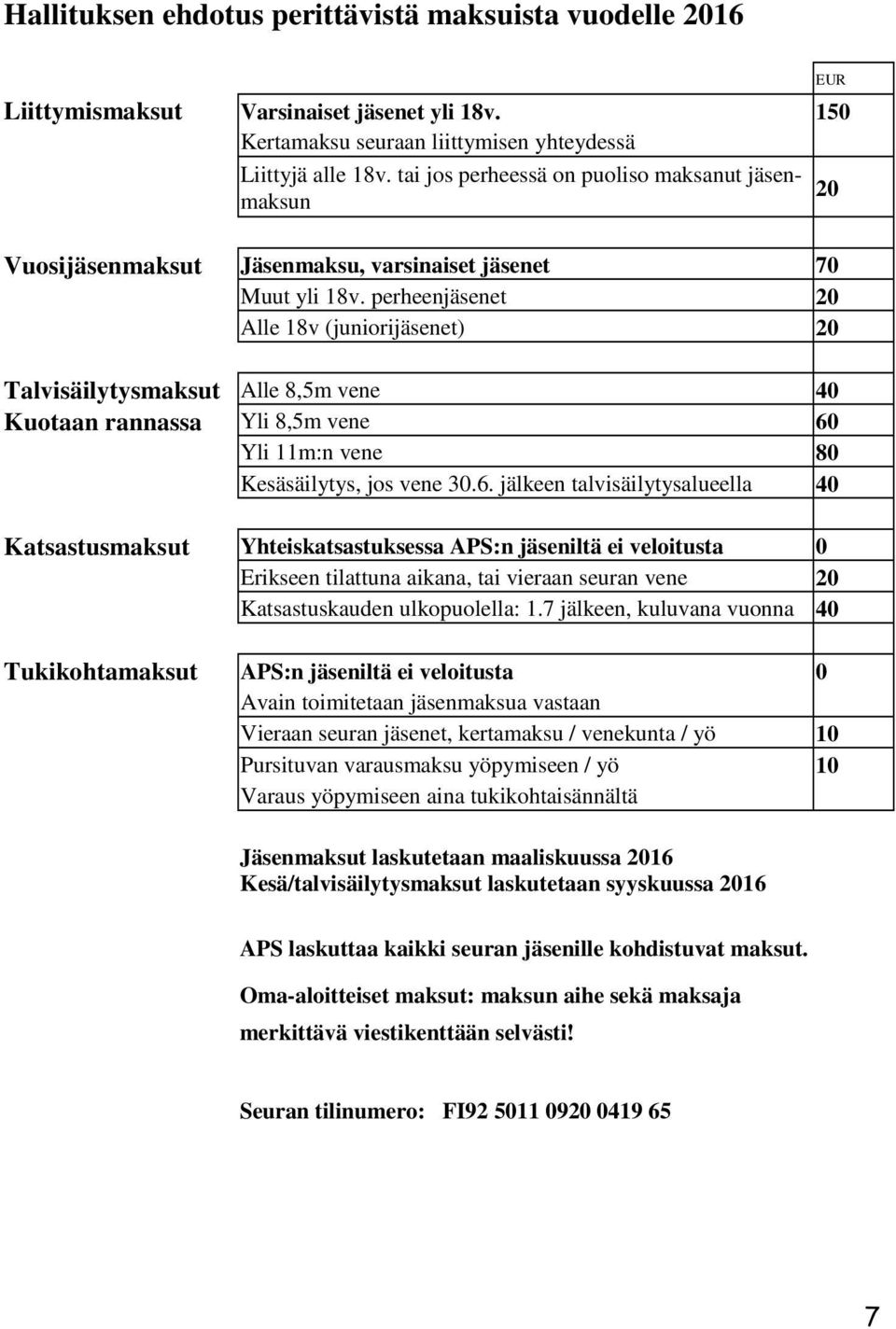 perheenjäsenet 20 Alle 18v (juniorijäsenet) 20 Talvisäilytysmaksut Alle 8,5m vene 40 Kuotaan rannassa Yli 8,5m vene 60