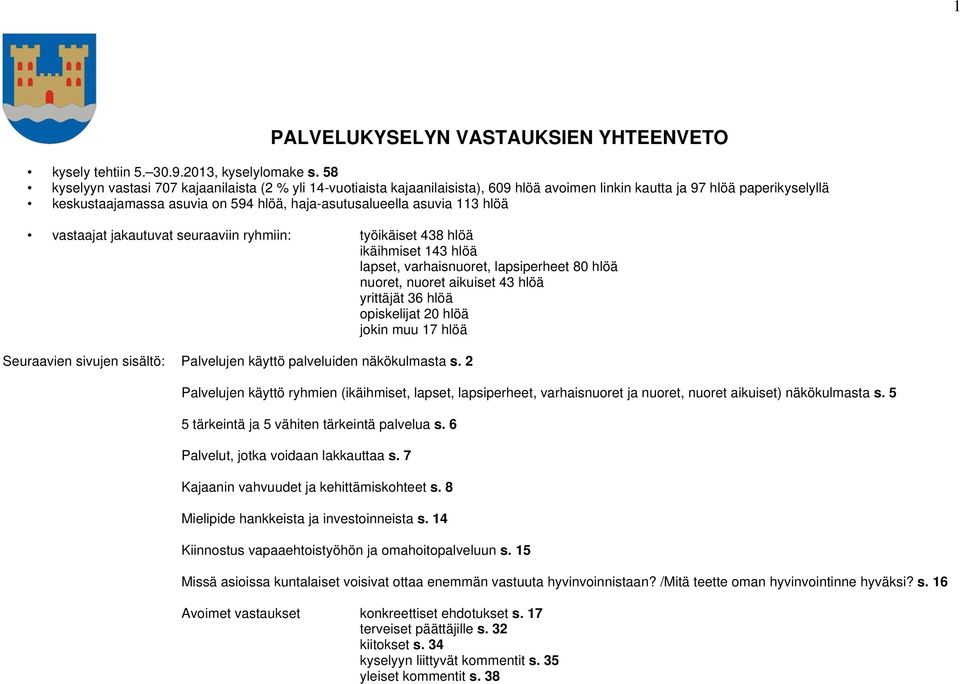 asuvia 113 hlöä vastaajat jakautuvat seuraaviin ryhmiin: työikäiset 438 hlöä ikäihmiset 143 hlöä lapset, varhaisnuoret, lapsiperheet 80 hlöä nuoret, nuoret aikuiset 43 hlöä yrittäjät 36 hlöä