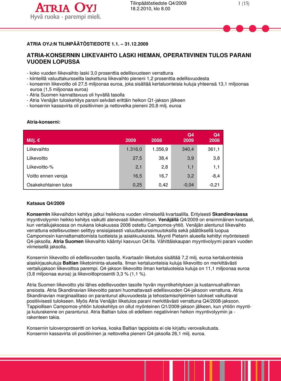 laskettuna liikevaihto pieneni 1,2 prosenttia edellisvuodesta - konsernin liikevoitto oli 27,5 miljoonaa euroa, joka sisältää kertaluonteisia kuluja yhteensä 13,1 miljoonaa euroa (1,5 miljoonaa