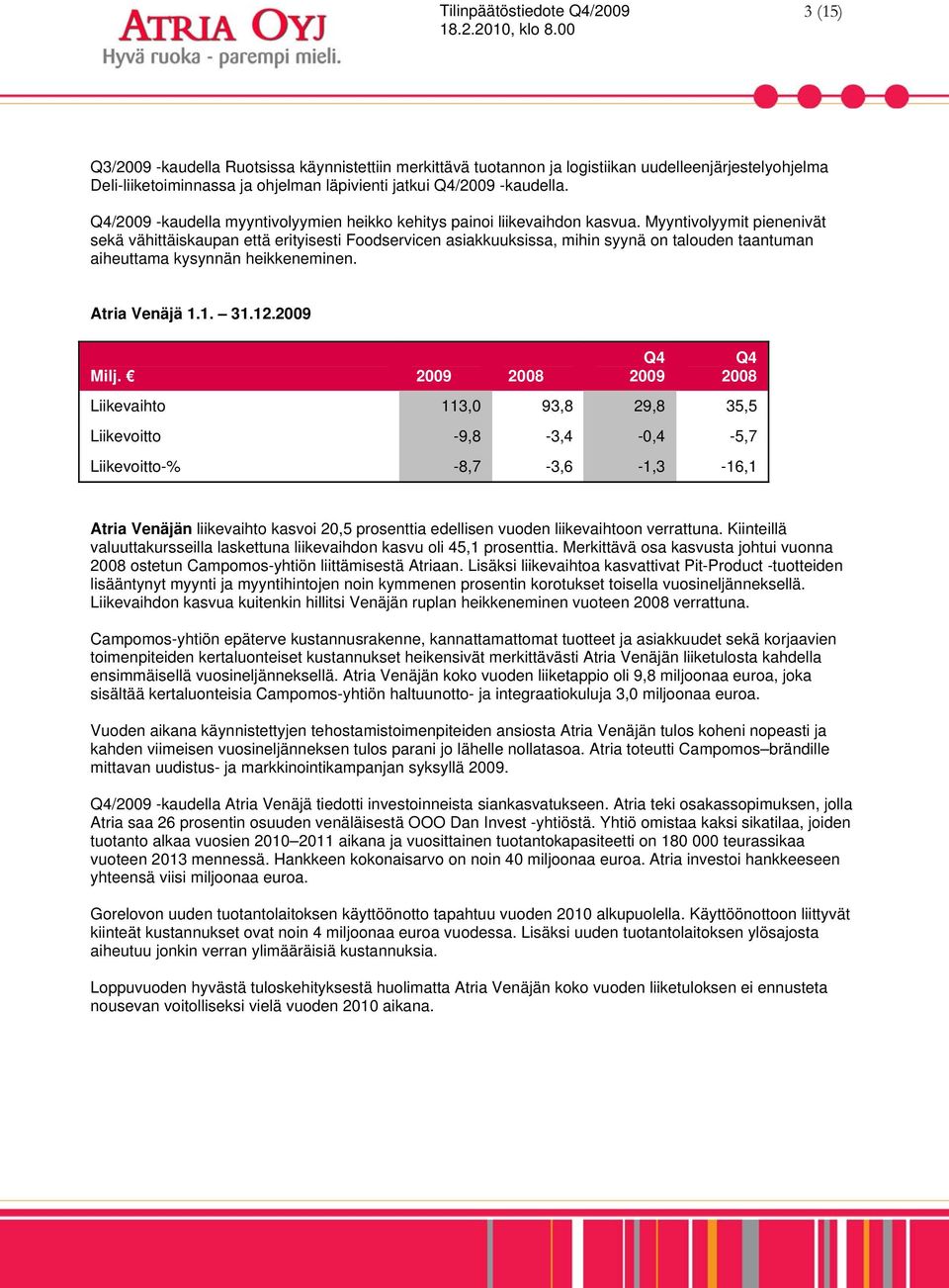 Myyntivolyymit pienenivät sekä vähittäiskaupan että erityisesti Foodservicen asiakkuuksissa, mihin syynä on talouden taantuman aiheuttama kysynnän heikkeneminen. Atria Venäjä 1.1. 31.12.2009 Milj.